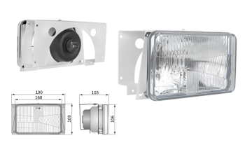 Proiettore anteriore di tipo H4, passo degli attacchi 150x90 (luci: anabbaglianti, abbaglianti)