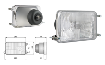 Inserto faro di tipo H4, passo degli attacchi 185x70 (luci: anabbaglianti, abbaglianti)