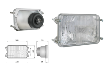 Inserto faro di tipo H4, passo degli attacchi 180x65 (luci: anabbaglianti, abbaglianti)