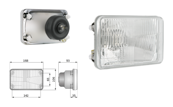 Inserto faro di tipo H4, passo degli attacchi 142x65 (luci: anabbaglianti, abbaglianti, posizione)