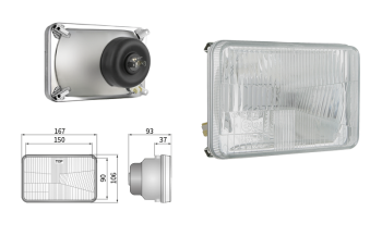 Inserto faro di tipo H4, passo degli attacchi 150x90 (luci: anabbaglianti, abbaglianti, posizione)